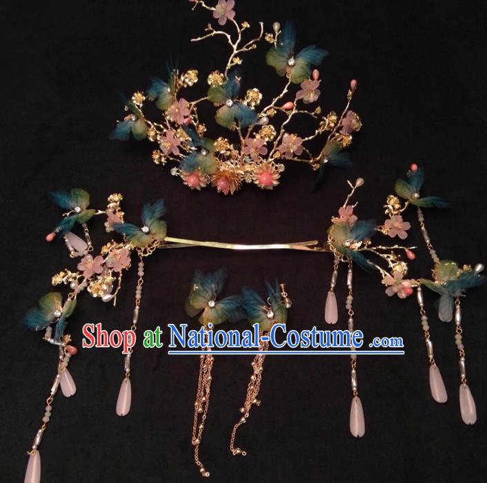 Top Chinese Traditional Wedding Blue Butterfly Phoenix Coronet Classical Hairpins Headdress for Women