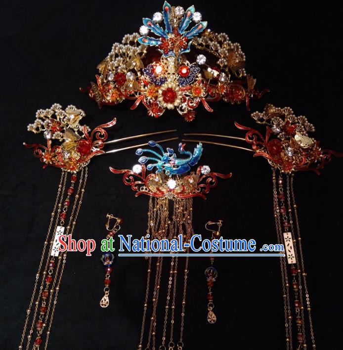 Top Chinese Traditional Wedding Blueing Phoenix Coronet Classical Hairpins Headdress for Women