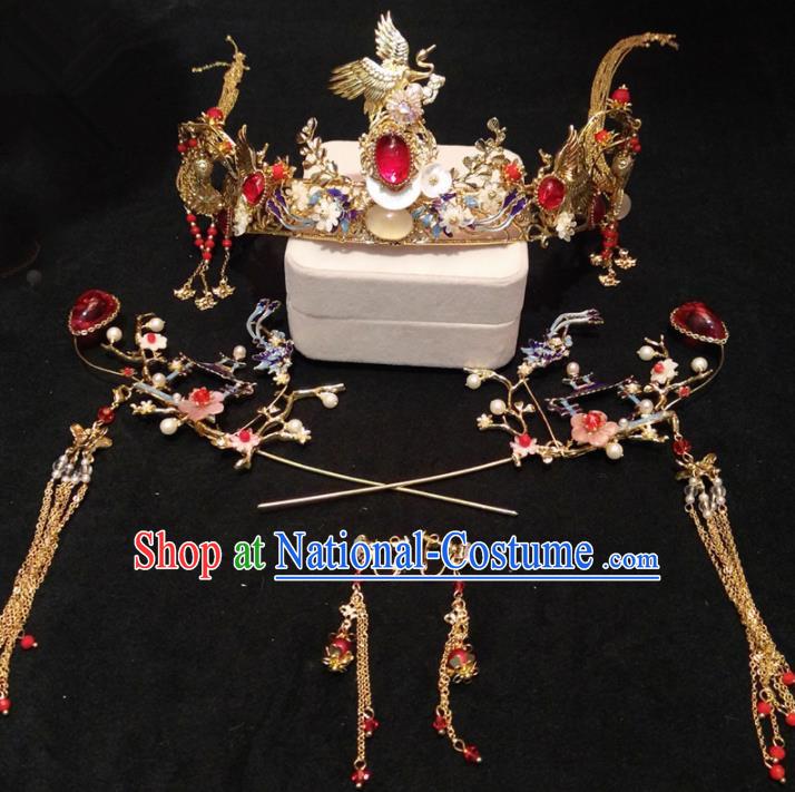 Top Chinese Traditional Wedding Crane Phoenix Coronet Classical Hairpins Headdress for Women