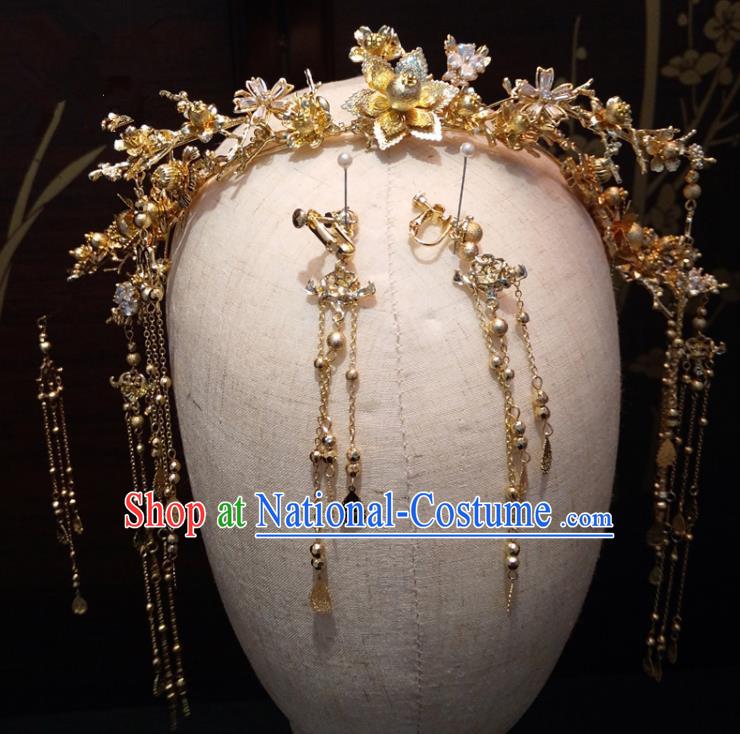 Top Chinese Traditional Wedding Golden Flowers Phoenix Coronet Classical Hairpins Headdress for Women