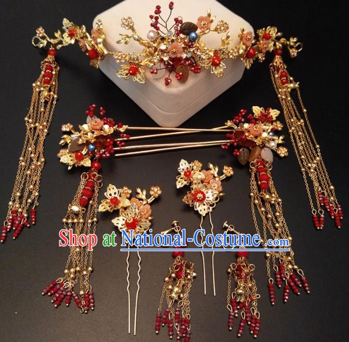 Top Chinese Traditional Wedding Phoenix Coronet Classical Red Tassel Hairpins Headdress for Women