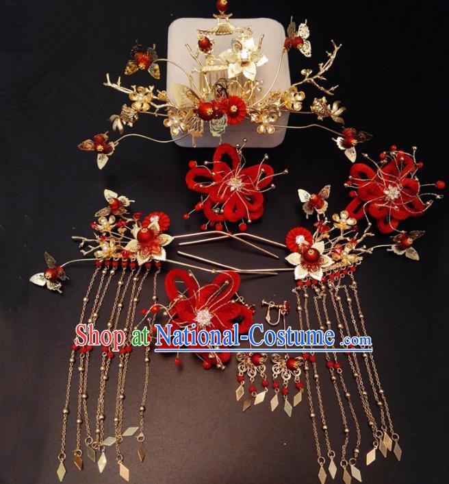 Top Chinese Traditional Wedding Phoenix Coronet Classical Red Hairpins Headdress for Women