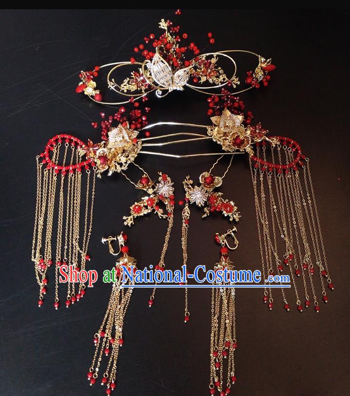 Top Chinese Traditional Wedding Hair Accessories Classical Red Beads Phoenix Coronet Hairpins Headdress for Women