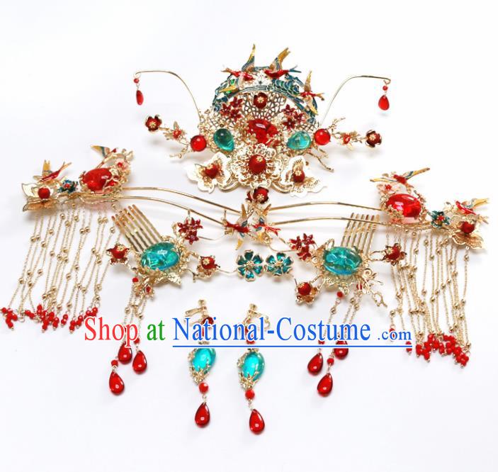 Top Chinese Traditional Wedding Hair Accessories Ancient Blueing Jewel Phoenix Coronet Hairpins Complete Set for Women