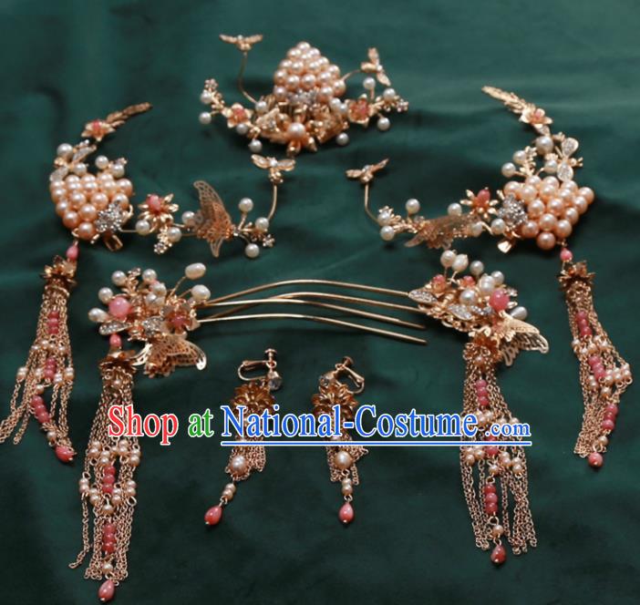 Top Chinese Traditional Wedding Hair Accessories Ancient Pearls Step Shake Hairpins Complete Set for Women