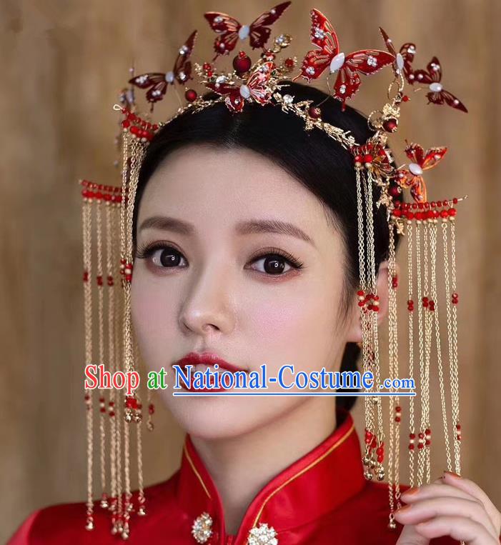 Top Chinese Traditional Wedding Red Butterfly Phoenix Coronet Hair Accessories Ancient Palace Hairpins Complete Set for Women