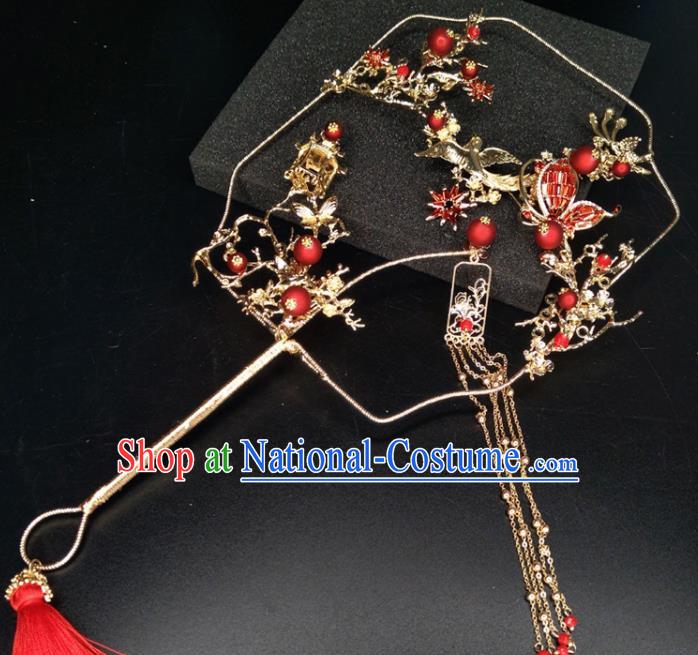 Chinese Traditional Wedding Accessories Classical Bride Red Butterfly Flowers Palace Fans for Women