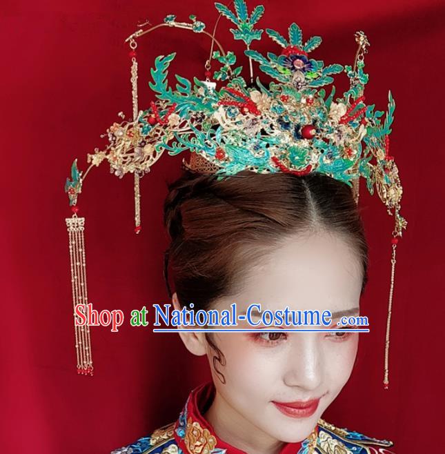 Top Chinese Traditional Hair Accessories Ancient Wedding Cloisonne Phoenix Coronet Palace Hairpins Complete Set for Women