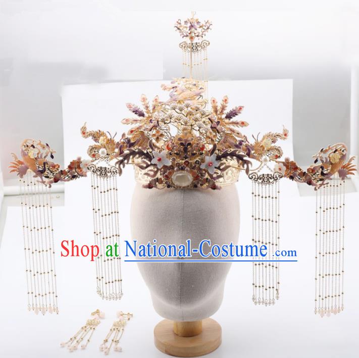 Top Chinese Traditional Hair Accessories Ancient Wedding Golden Phoenix Coronet Palace Hairpins Complete Set for Women