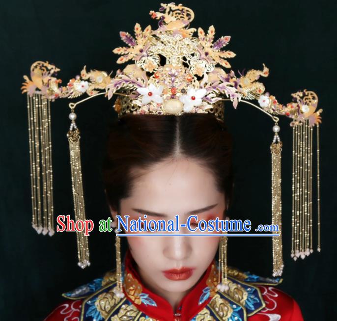 Top Chinese Traditional Hair Accessories Ancient Wedding Golden Phoenix Coronet Palace Hairpins Complete Set for Women