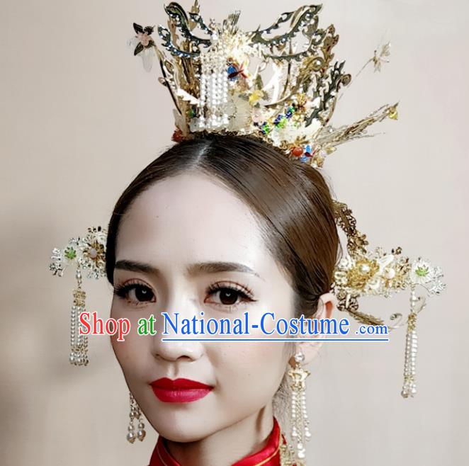 Top Chinese Traditional Palace Hair Accessories Ancient Golden Phoenix Coronet Hairpins Complete Set for Women