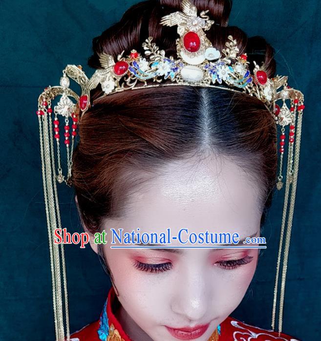 Top Chinese Traditional Wedding Hair Accessories Ancient Cranes Jewel Hair Combs Hairpins Complete Set for Women