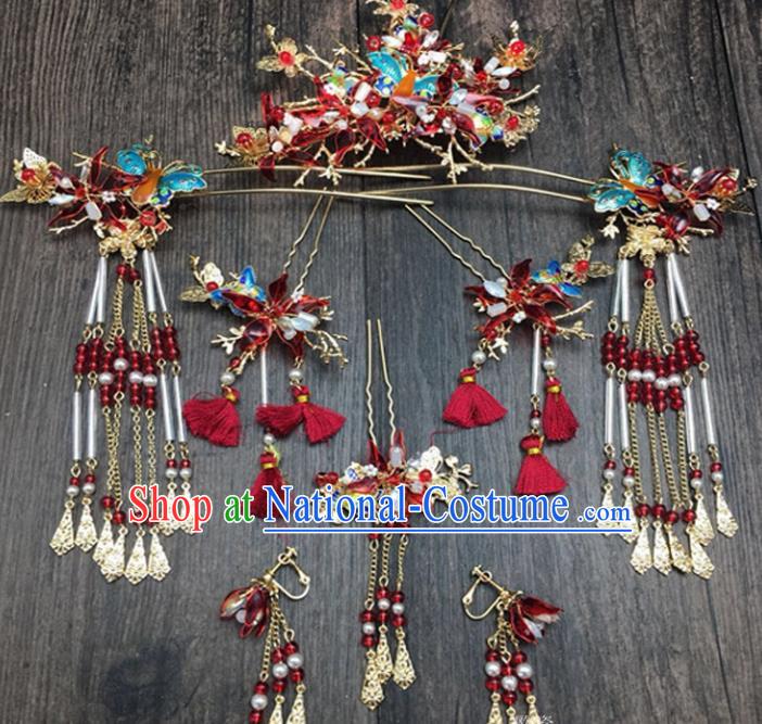 Top Chinese Ancient Traditional Wedding Hair Accessories Red Butterfly Phoenix Coronet Hairpins Complete Set for Women