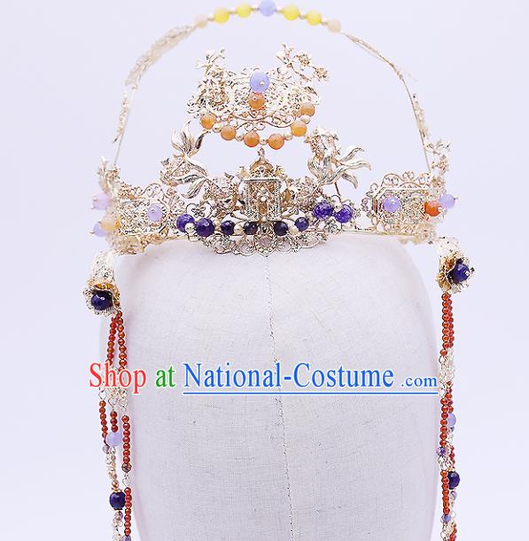 Top Chinese Ancient Traditional Wedding Hair Accessories Golden Phoenix Coronet Hairpins Complete Set for Women