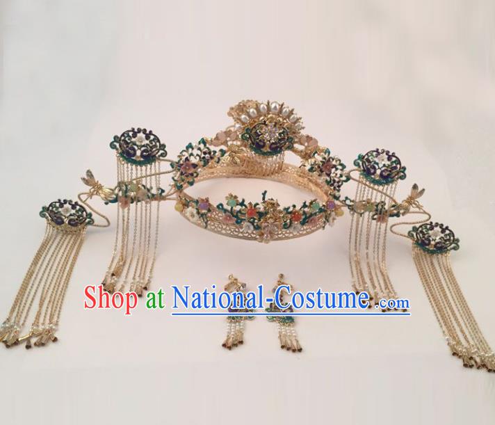 Top Chinese Ancient Traditional Wedding Hair Accessories Cloisonne Phoenix Coronet Hairpins Complete Set for Women