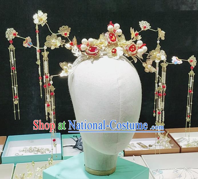 Top Chinese Ancient Traditional Wedding Hair Accessories Red Gem Phoenix Coronet Hairpins Complete Set for Women