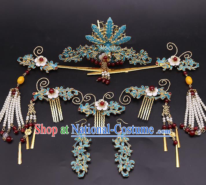 Top Chinese Ancient Traditional Cloisonne Hair Accessories Wedding Phoenix Coronet Hairpins Complete Set for Women