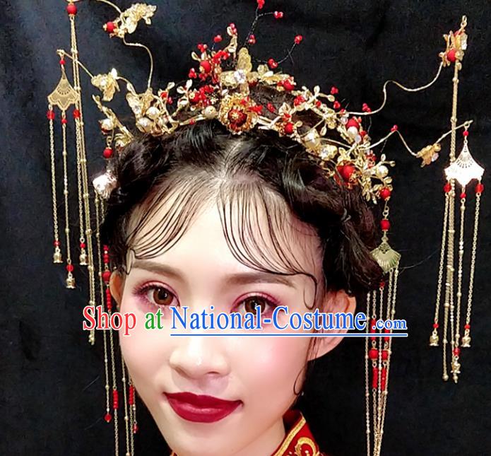 Top Chinese Traditional Wedding Hair Accessories Ancient Red Tassel Phoenix Coronet Hairpins Complete Set for Women