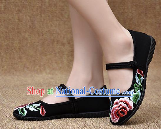 Chinese Shoes Wedding Shoes Traditional Embroidered Peony Shoes Bride Black Shoes for Women