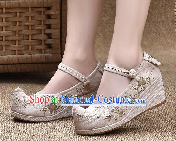 Chinese Shoes Wedding Shoes Traditional Embroidered Shoes Beige High Heeled Shoes for Women