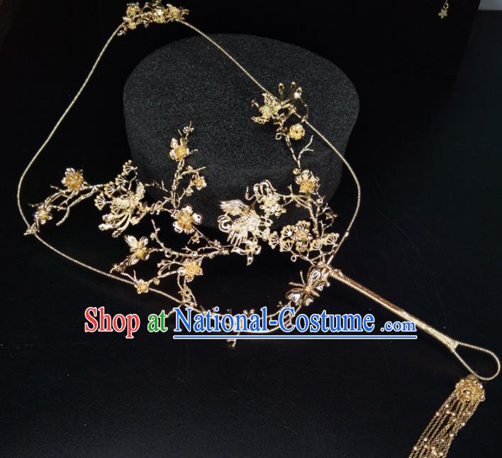 Chinese Traditional Wedding Accessories Classical Bride Golden Cranes Palace Fan for Women