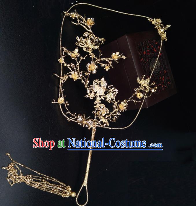 Chinese Traditional Wedding Accessories Classical Bride Golden Cranes Palace Fan for Women