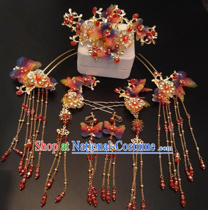 Top Chinese Traditional Wedding Colorful Butterfly Hair Accessories Classical Phoenix Coronet Hairpins Headdress for Women