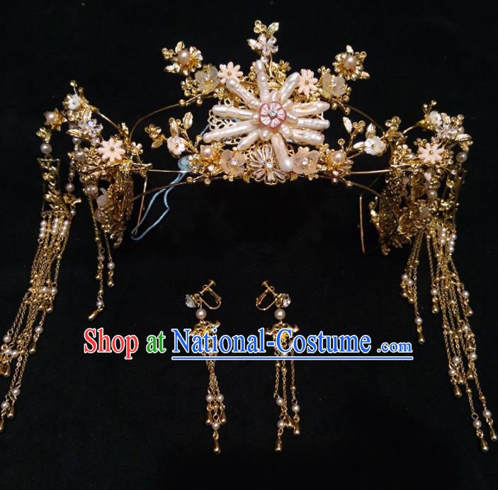 Top Chinese Traditional Wedding Hair Accessories Classical Pearls Phoenix Coronet Hairpins Headdress for Women