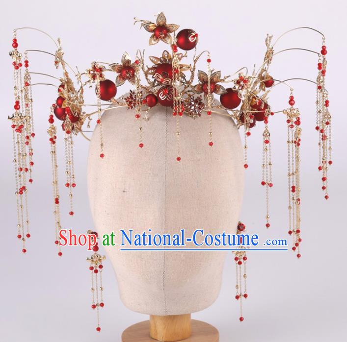 Top Chinese Traditional Wedding Hair Accessories Ancient Classical Tassel Phoenix Coronet Hairpins Headdress for Women