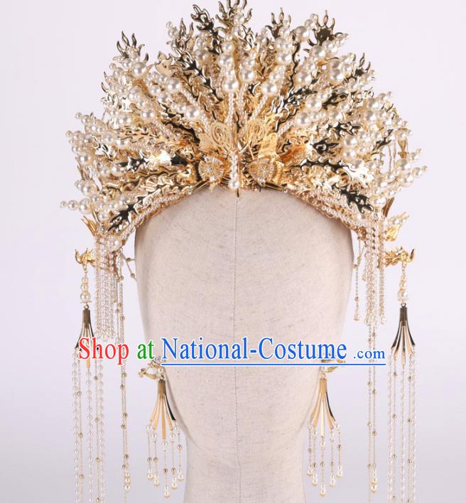 Top Chinese Traditional Wedding Hair Accessories Ancient Golden Tassel Phoenix Coronet Hairpins Headdress for Women