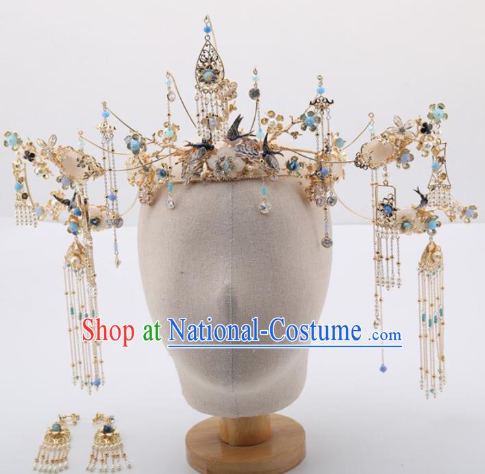 Top Chinese Traditional Wedding Hair Accessories Ancient Palace Blue Tassel Phoenix Coronet Hairpins for Women