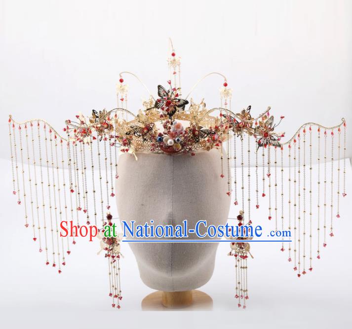 Top Chinese Traditional Wedding Hair Accessories Ancient Palace Red Tassel Phoenix Coronet Hairpins for Women