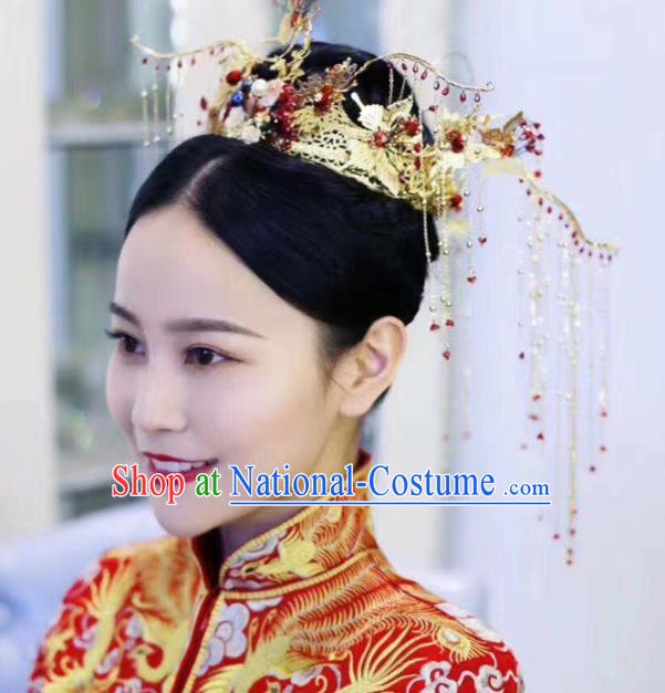 Top Chinese Traditional Wedding Hair Accessories Ancient Palace Red Tassel Phoenix Coronet Hairpins for Women