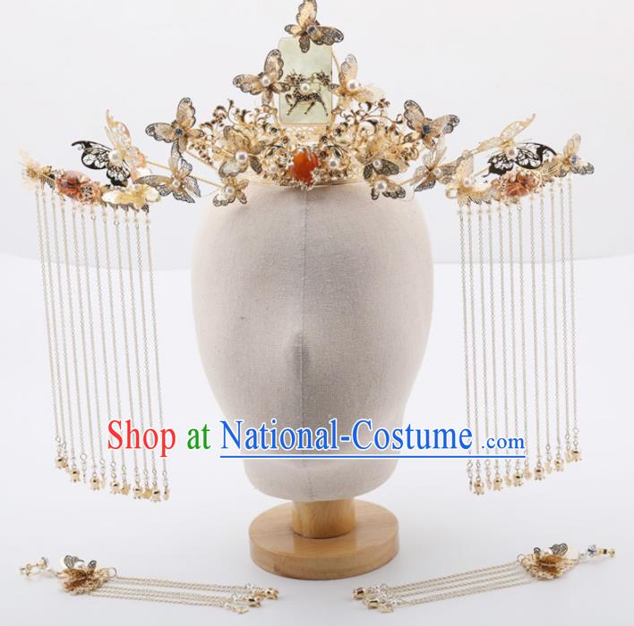 Top Chinese Traditional Wedding Hair Accessories Ancient Palace Butterfly Jade Phoenix Coronet Hairpins for Women