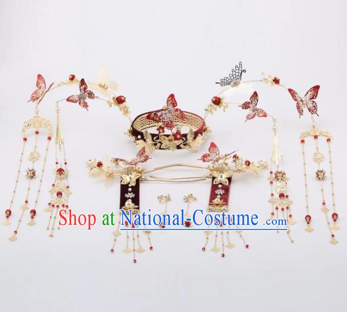 Top Chinese Traditional Wedding Hair Accessories Ancient Palace Red Butterfly Phoenix Coronet Hairpins for Women