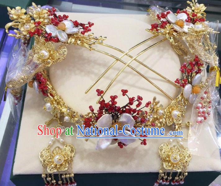 Top Chinese Traditional Wedding Hair Accessories Ancient Palace Golden Phoenix Coronet Hairpins Complete Set for Women