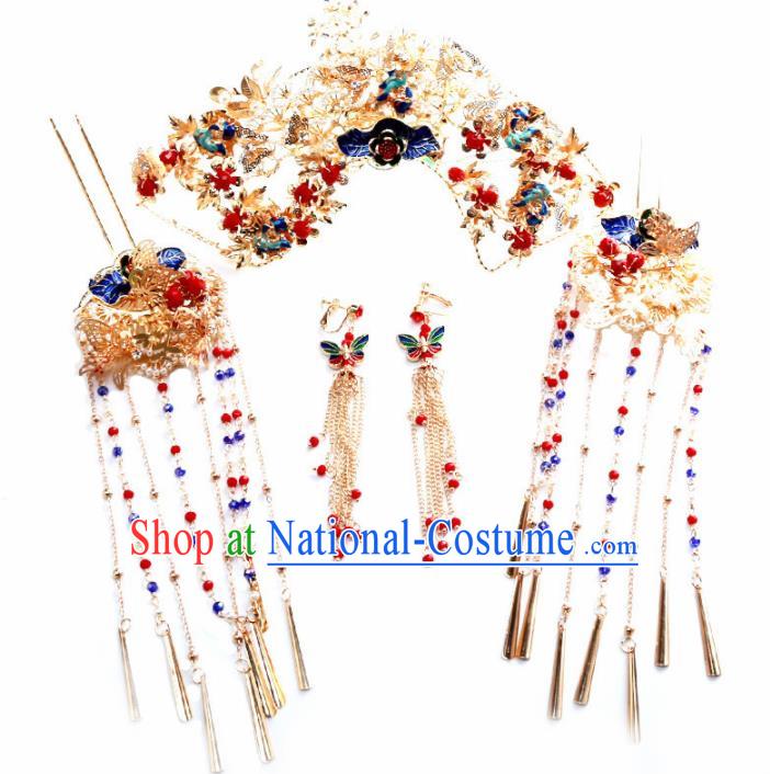 Top Chinese Traditional Wedding Hair Accessories Ancient Blueing Phoenix Coronet Hairpins Complete Set for Women