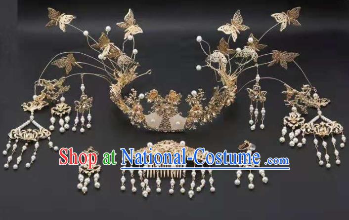 Top Chinese Traditional Wedding Hair Accessories Ancient Golden Butterfly Phoenix Coronet Hairpins Complete Set for Women