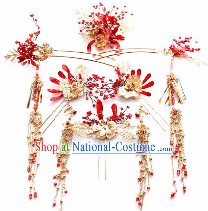 Top Chinese Traditional Wedding Hair Accessories Ancient Red Flowers Hairpins Complete Set for Women