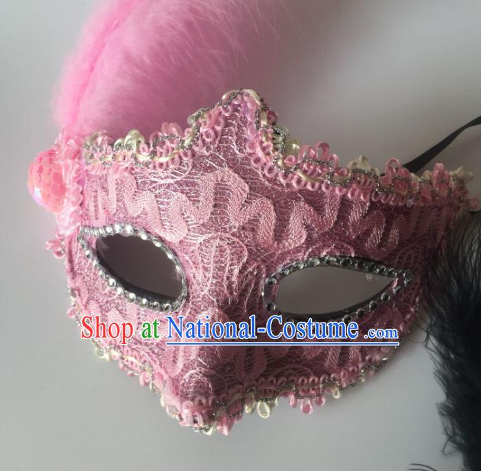 Top Grade Halloween Pink Lace Mask Fancy Ball Cosplay Feather Face Masks for Women