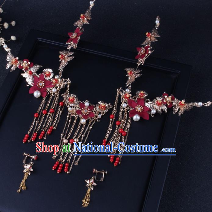 Top Chinese Traditional Hair Accessories Wedding Red Flowers Hair Claws Hairpins for Women