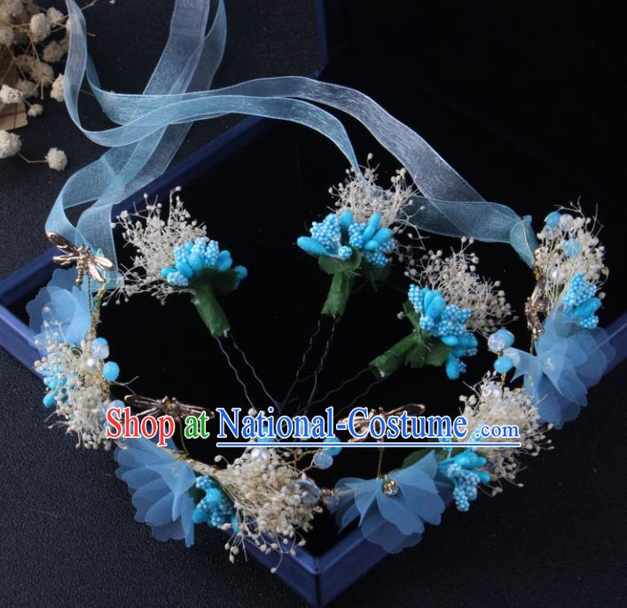 Top Grade Baroque Hair Accessories Catwalks Blue Flowers Garland Hairpins for Women