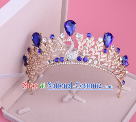 Top Grade Baroque Hair Accessories Catwalks Princess Blue Crystal Swan Royal Crown for Women