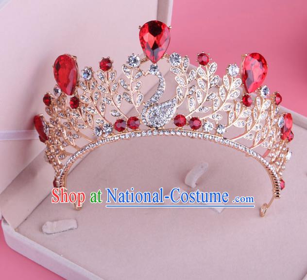 Top Grade Baroque Hair Accessories Catwalks Princess Red Crystal Swan Royal Crown for Women