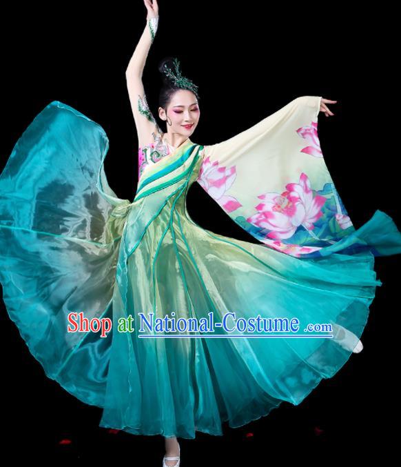 Chinese Traditional Classical Dance Costumes Fan Dance Printing Lotus Green Dress for Women