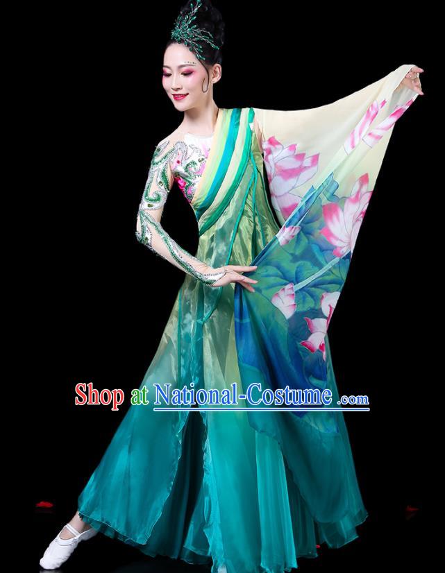 Chinese Traditional Classical Dance Costumes Fan Dance Printing Lotus Green Dress for Women