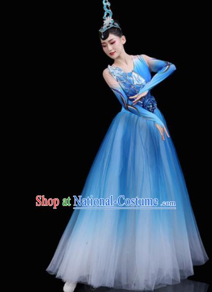 Top Grade Chorus Stage Show Costumes Group Dance Modern Dance Blue Dress for Women