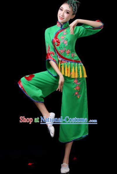 Chinese Traditional Folk Dance Costumes Fan Dance Group Dance Green Dress for Women