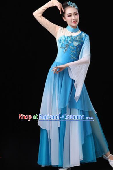 Chinese Traditional Classical Dance Costumes Umbrella Dance Group Dance Blue Dress for Women