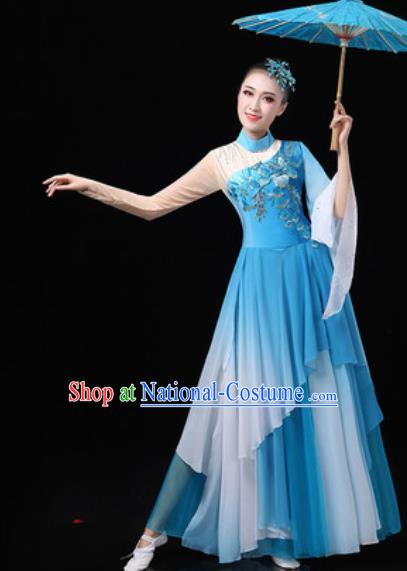 Chinese Traditional Classical Dance Costumes Umbrella Dance Group Dance Blue Dress for Women